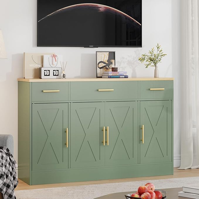 Shintenchi Buffet Cabinet with Storage,53.4" Large Kitchen Storage Cabinet with 3 Drawers and 4 Doors,Wood Farmhouse Buffet Sideboard with Adjustable Shelf for Kitchen Living Room, Green