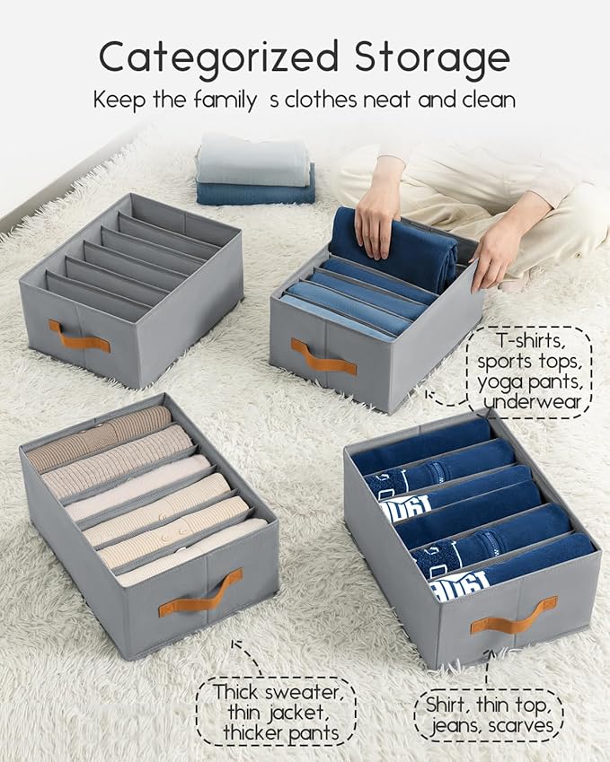 Closet Organizers and Storage - Fabric Clothes Organizer with Handles, Foldable Jeans Organizer for Clothes, Drawer Organizer for Shirts, Bra, Sweater, Scarf, 4 Pack, Grey