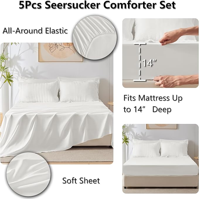 CozyLux Twin XL Seersucker Comforter Set with Sheets White 5 Pieces Bed in a Bag Twin Extra Long Luxury Soft Bedding Sets for College Dorm with Down Alternative Comforter, Sheets, Pillowcase & Sham