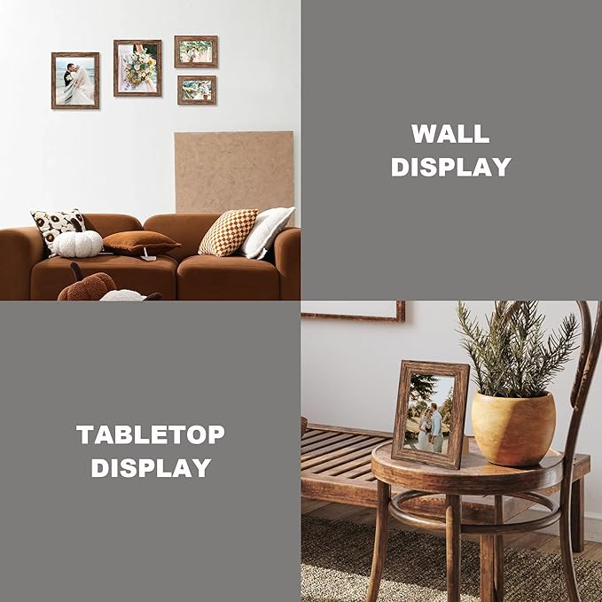 iRahmen 5x7 Picture Frame Set of 4, High Definition Glass Brown Frame, 5 x 7 Wood Rustic Photo Frames for Horizontal or Vertical Table Top and Wall Mounting