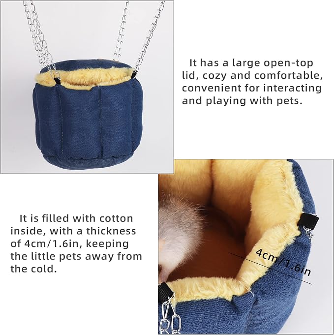 Sugar Glider Pouch, Rat Hanging Bed, Chipmunks Warm Bed, Rat Cage Accessories, Small Pet Animals Bed Dutch Pig Hamster Nest, Syrian Hamster Habitat Mini House, Play and Sleeping (Blue)