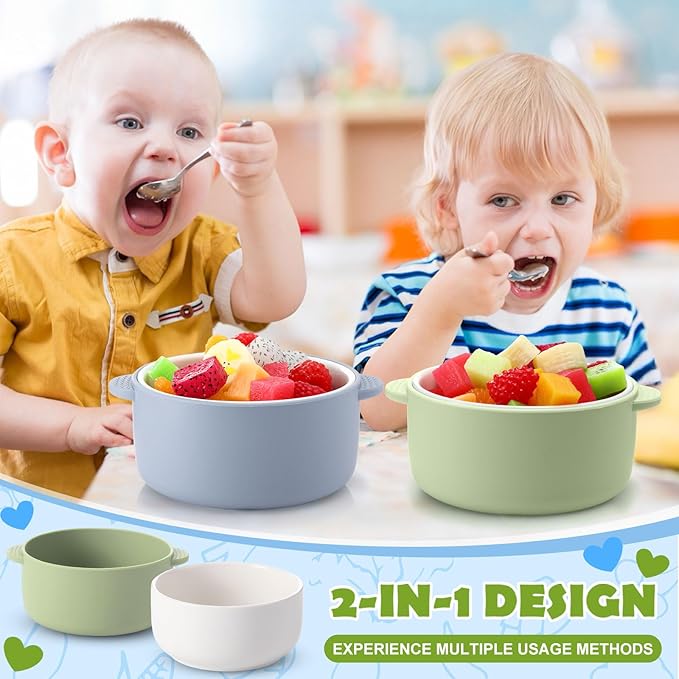 Domensi 2 Sets Kids Porcelain Bowls with Removable Silicone Sleeve 2-in-1 Porcelain Toddler Bowls Microwave Dishwasher Safe Cereal Snack Soup Dishes for Baby Children Feeding Supplies (Green Blue)