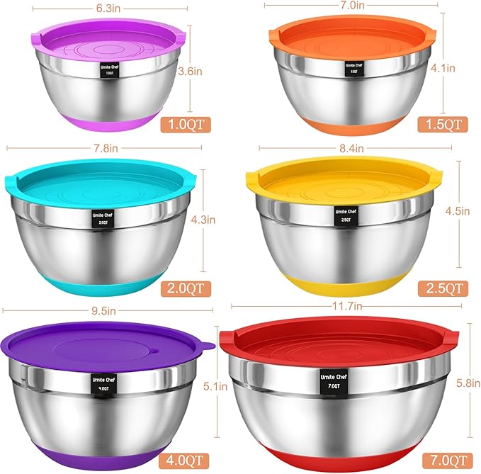 Umite Chef Mixing Bowls with Lids Set, 26Pcs Colorful Stainless Steel Bowls Set, Nesting Bowls with Grater Attachments, Large Kitchen Bowls Set with Non-Slip Bottoms for Mixing & Serving