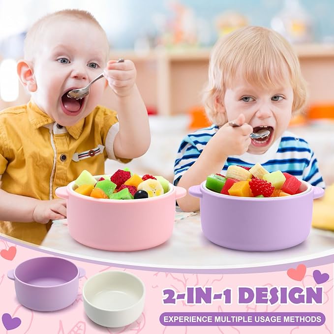 Domensi 2 Sets Kids Porcelain Bowls with Removable Silicone Sleeve 2-in-1 Porcelain Toddler Bowls Microwave Dishwasher Safe Cereal Snack Soup Dishes for Baby Children Feeding Supplies (Pink Purple)