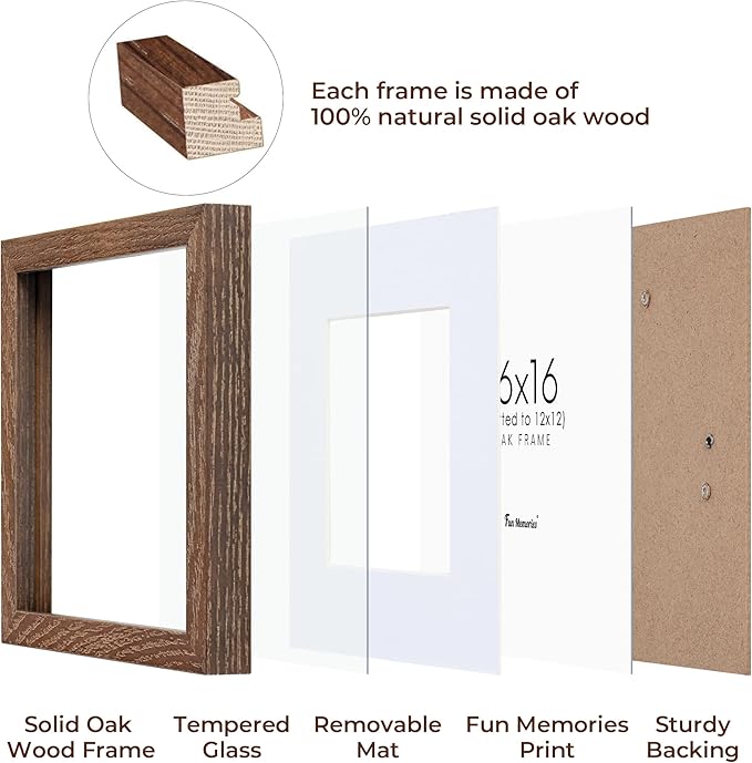 16x16 Picture Frames, Solid Oak Wood Photo Frame 16 by 16, Rustic Wooden Square Picture Frame with Tempered Real Glass, 16 x 16 Square Frame Matted to 12 x 12, Walnut Color, Set of 2