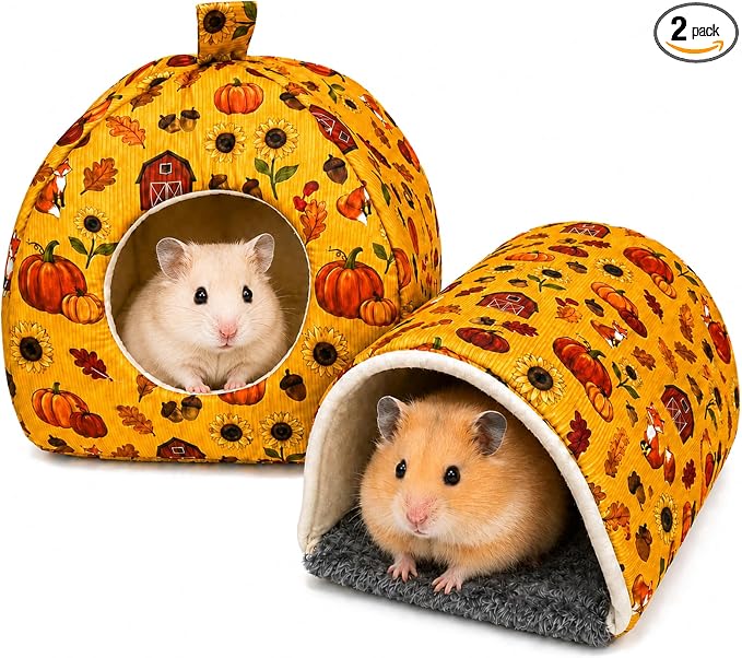 Hamster Hideout Tunnel Set, 2 Pack Washable Small Animal Bed with Removable Cushion, Cozy Play Tunnel Cage Accessories for Hamsters, Hedgehogs, Mice, Rats, Gerbils, Orange Pumpkin