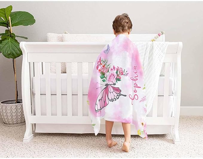 D-Story Ships Next Day, Custom Baby Blanket for Girls, Personalized Baby Gifts Butterfly Blankets, Customized Newborn Blanket with Name