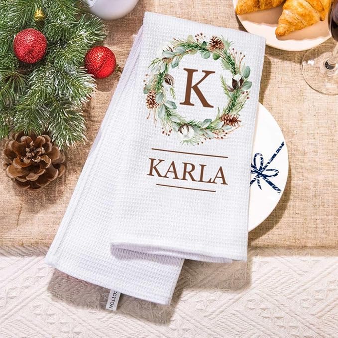 NICEDREAM Custom Name Monogram Christmas Kitchen Towels White Waffle Christmas Wreath Towel Christmas Tea Towels Decorative Hand Towels for Bathroom Personalized Kitchen Christmas Towels