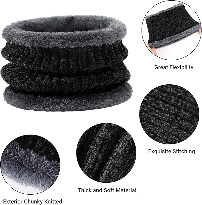 Winter Beanie Hat Circle Scarf Gloves Set for Men Women, Thick Warm Chenille Skull Cap Touchscreen Gloves Neck Warmer