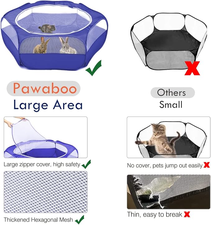 Pawaboo Small Animal Playpen with Zippered Cover,Indigo | Portable pop-up pet tent for supervised rabbits, guinea pigs, chicks and kittens; water-resistant bottom and 3 metal rods