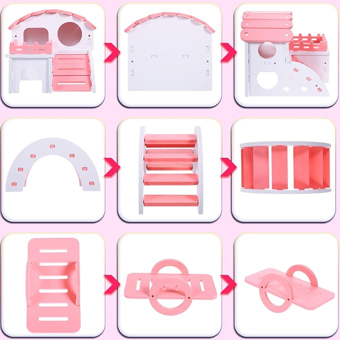 Skylety 3 Pieces Fun Hamster Guinea Pig Hideout Kit, Small, Pink | Include PVC Hamster House, Rainbow Bridge, Seesaw DIY Exercise Playhouse for Rats Mouse Small Animals