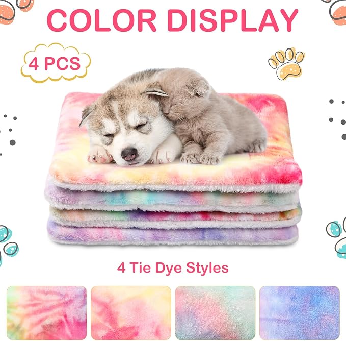 Haull 4 Pcs Waterproof Guinea Pig Bedding Soft Dog Cat Bed Crate Mat Small Animal Plush Cage Liners Rabbit Bunny Kennel Pad Reversible Cozy Pee Thickened Hamster Pad(Tie Dyed,13 x 18.5 Inch)