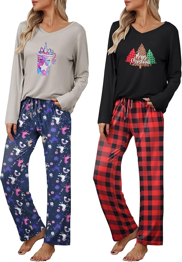 Ekouaer Womens 2 Pack Pajama Set Long Sleeve Pajamas Top and Pants V Neck Pjs Set Soft Loungewear with Pockets