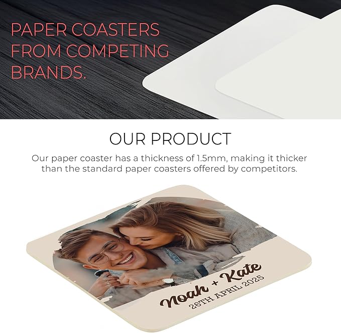 100 Pack Personalized Wedding Coasters, Custom Cardboard Coasters for Drinks with Photo Print and Text, Keepsake Wedding Favors and Gifts for Couples, 4x4 Square, Design 3