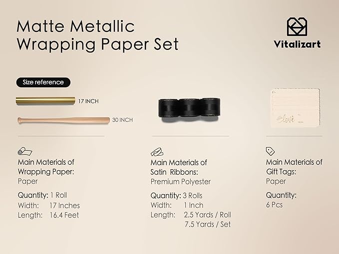 Vitalizart Gold Matte Metallic Wrapping Paper Set 17" With Silk Satin Ribbon & Gift Tags Christmas Gift Wrapping Birthday Baby Shower Wedding Bouquets Handmade Crafts 197"(16.4 Ft) Black Ribbon