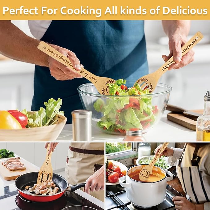 5PCS Initial Wooden Cooking Spoons Initial Letter Kitchen Decor Gifts Personalized Monogrammed Birthday Gifts for Women Mom Friend Housewarming Wedding Bamboo Cooking Spoons
