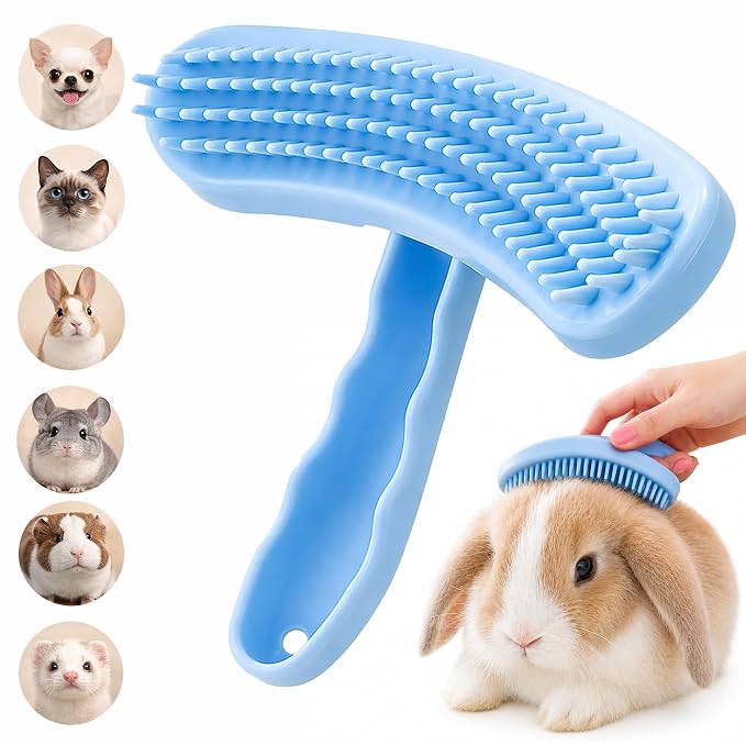 Large Silicone Grooming Brush for Rabbits, Cats & Small Dogs | Rabbit, Cat & Dog Fit | Soft Low-Stimulation Brush | Curved Pet Fit | Daily Bonding | Rinse-Clean Head