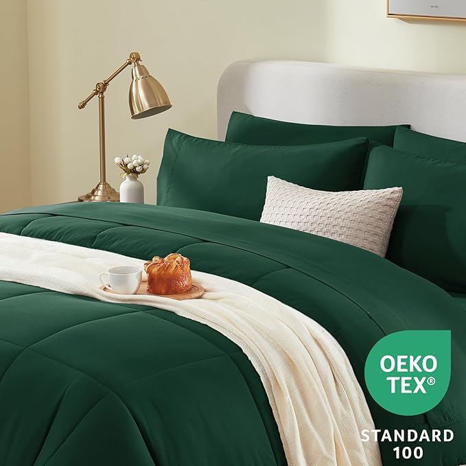 CozyLux Full Size Comforter Sets Emerald Green, 7 Pieces Bed in a Bag, Green Comforter Full Size, All Season Bedding Sets with Stitch Quilted Comforter, Flat Sheet, Fitted Sheet, Pillowcases