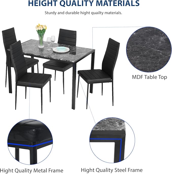 FDW Dining Table Set Dining Room Table Set for Small Spaces Kitchen Table and Chairs for 4 Table with Chairs Home Furniture Rectangular Modern (Black Marble)