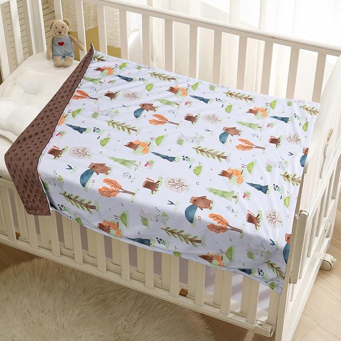 Baby Blanket for Boys Girls Soft Minky with Double Layer Dotted Backing, Primary Forest Printed 30 x 40 Inch Receiving Blanket (Forest Bear)