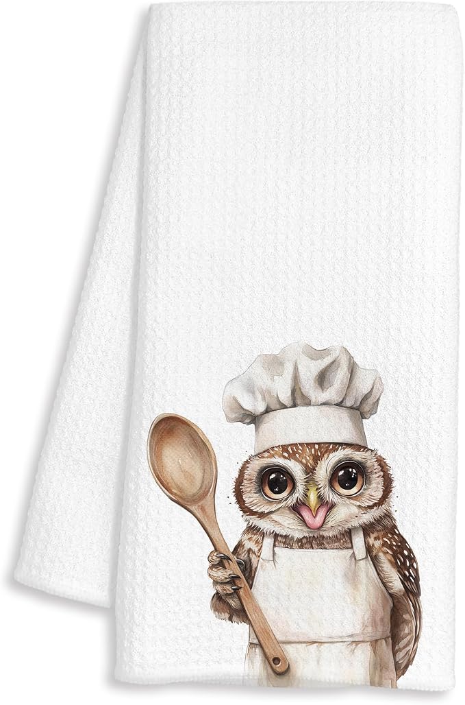 Funny Owl Chef Kitchen Towels, Owl Lover Gifts for Women Men, Gifts for Chef, Funny Wildlife Bird Decorative Dish Hand Tea Towels for Kitchen Bakery, 16x24 Inch