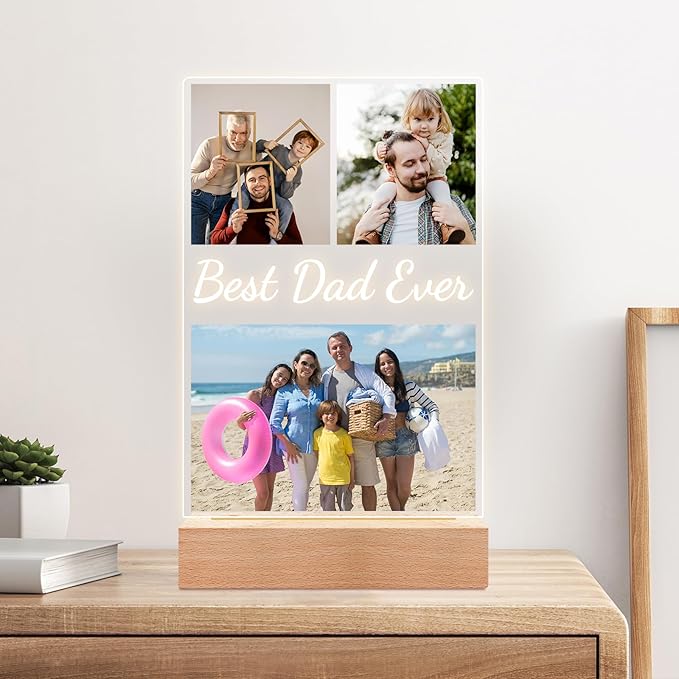 Personalized Birthday Gifts for Dad from Daughter & Son, Custom DAD Picture Frame with Photos, Personalized Photo Frame with Night Light, Customized Photo Frames