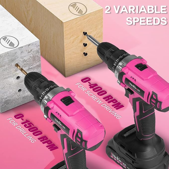 Pink Cordless Drill Set, 20V Lithium-ion Power Drill Set for Women with 67Pcs Driver Bits, 3/8"Keyless Chuck, 25+1 Position, 2.0Ah Battery, Charger and Storage Bag Included