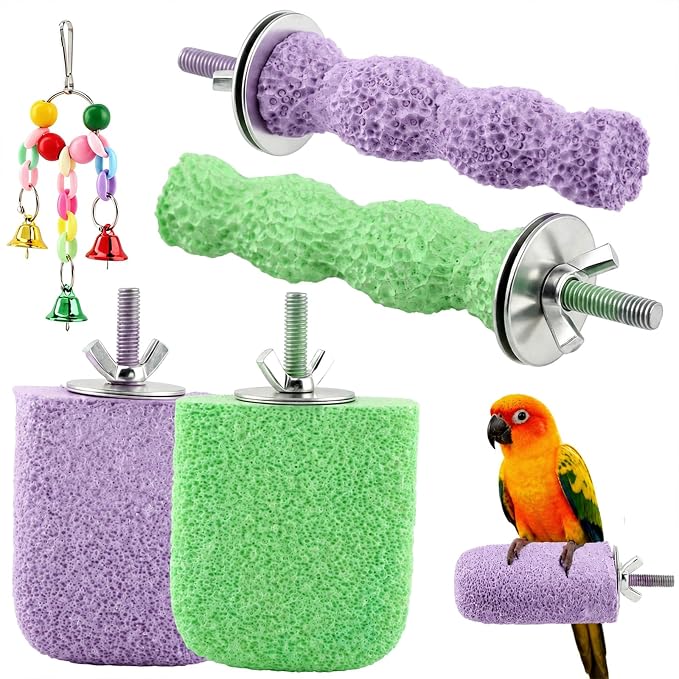 4 Pcs Bird Beak Grinding Stones, Small & Medium Bird Parrot Cage Perch | Bird Cage Stand Plat Form Foot Claws Trimmer with Swing Bell