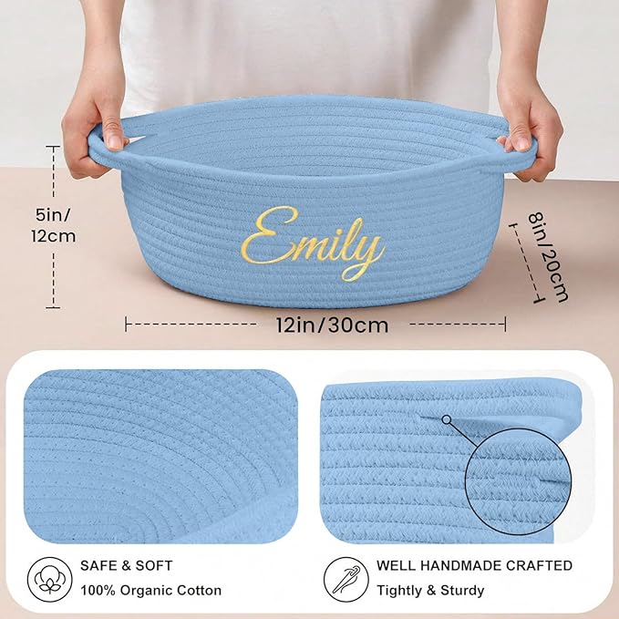 HUTARIO Personalized Woven Basket Embroidered Name with Gift Bags and Ribbons,Empty Small Rope Basket，Durable Storage Custom Blue Basket with Handles for Baby Showers or Christmas,12"×8"×5"
