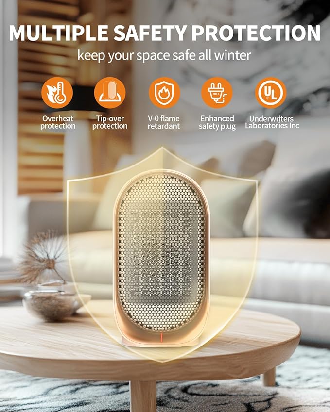 Space Heater, Portable Small Heaters for Indoor Use, Electric Desk Heater with Overheat and Tip-Over Protection, Mini Personal Heaters for Home Office Workspace