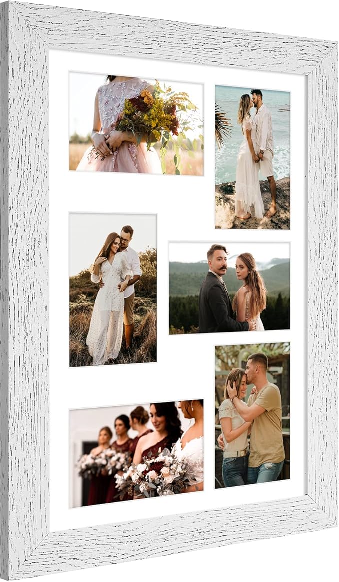 11x17 Picture Frame Display 6 picture frame collage 4x6,Multi Photo Frame with Mat,Plexiglass,Wall Mount Decor,Distressed White Wood Grain