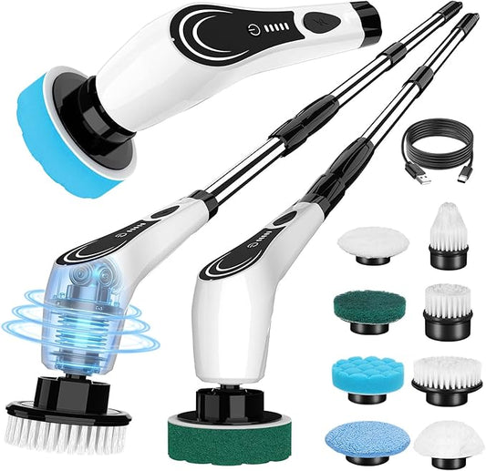 Electric Spin Scrubber, Cordless Power Scrubber with 8 Replaceable Floor Machine Pads, 2-Speed Adjustable Handle Shower Scrubber, IPX7 Waterproof for Bathroom, Tile, Tub, Teens, White-qe1