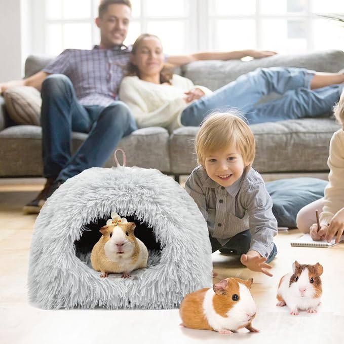 YUEPET Guinea Pig Bed Cave,Warm Guinea Pig Hideout,Light Grey | Cozy Bunny Bed, Washable Long Plush Fabric, Removable Pad, Non-Slip Base, for Ferrets Hamsters Hedgehogs Dwarf Rabbits