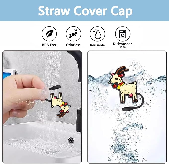 Animal Straw Toppers For Stanley Cups;Straw Covers Cap Toppers Compatible With Stanley 30&40 Oz Tumbler, Reusable & Silicone Tumbler Straws Topper For 0.4 Inch Tips Animal Lover Gifts (Goat)