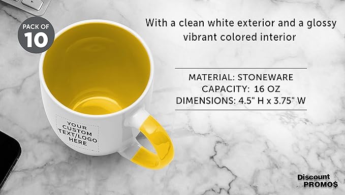 Custom Bistro Style Large Coffee Mugs 16 oz. Set of 10, Personalized Bulk Pack - Perfect for Coffee, Tea, Espresso, Hot Cocoa, Other Beverages - Yellow