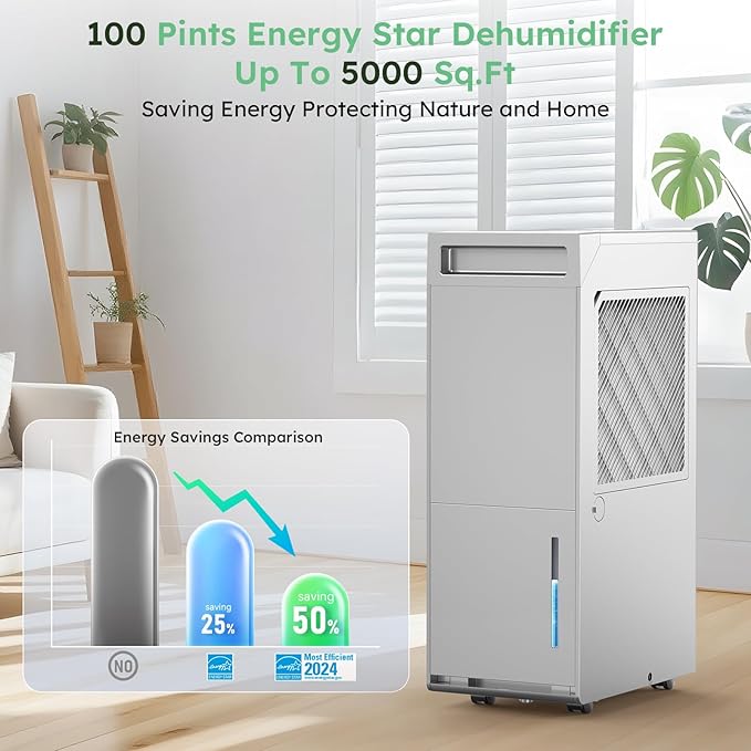 5000 Sq.Ft Energy Star Most Efficient 2024 Dehumidifier,DECIUU Max 100 Pint (Standard 70 Pint) Dehumidifier for Basement with Drain Hose,Intelligent Humidity Control for Home Bathroom Garage Bedroom