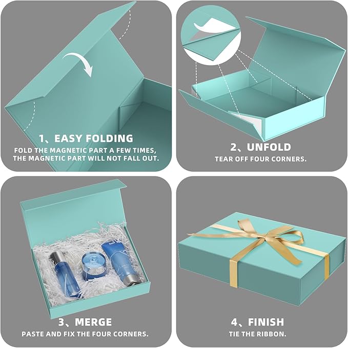 5 Pack Gift Boxes with Lids, 11 x 8.2 x 2.3 Inches Packing Box for Presents Ribbon Magnetic Closure, Luxury Wrapping Gift Boxes for Weddings, Birthdays, Chrismas, Halloween, Blue