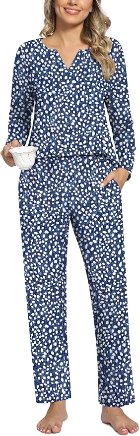 Anyally Women's Plus Size Pajama Sets Ladies Fall Pjs 2 Pieces Lounge Outfits V Neck Long Sleeves Sleepwear with Pockets