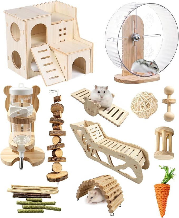Hamster Cage Accessories, Rat Guinea Pig Chew Toys Ball Set | Silent Wheel, Maze Wood House and Water Bottle, Habitat Hideout Natural Molar Tools for Hamster, Guinea Pig, Bunny, Rabbit