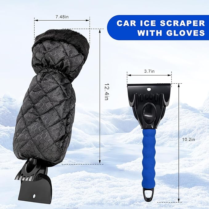 Car Ice Scraper, Auto Windshield Ice Shovel with Warm Thermal Waterproof Glove, Scratch-Free Car Window Snow Scraper Mitt Windproof Winter Cleaning Tool for Most Vehicles (Blue)
