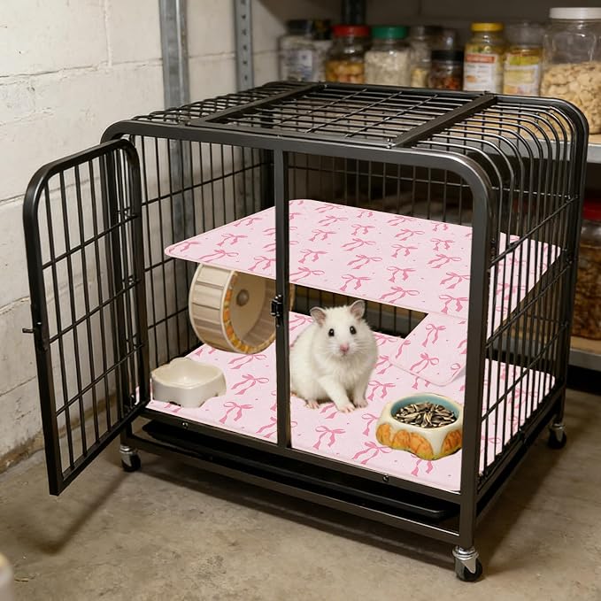JarThenaAMCS 7 Pcs Bow Ferret Cage Liner Set Ferret Critter Nation Cage Accessories Kit Pink Bowknot Washable Double Unit Set Pee Pads for Hamster Chinchilla Small Animal Accessory