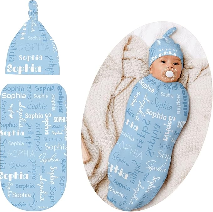 Newborn Swaddle Blankets Hat Name Lettering Blue Sets Soft Baby Receiving Blanket Swaddle Sack for Baby Shower Infant Boy Girl Gift