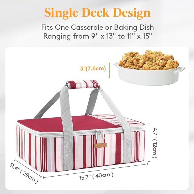 LUNCIA Insulated Single Decker Casserole Carrier, Lasagna Lugger Tote Keeps Food Hot or Cold, Thermal Lunch Bag for Potluck Parties, Picnic and Cookouts, Fits 9" x 13" Baking Dish, Red