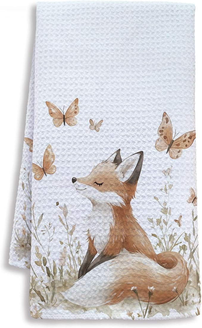 Fox Gifts Kitchen Towels, Fox Gifts for Women Girls Dish Tea Towels for Kitchen, Forest Animal Butterfly Botanical Decorative Hand Towel for Kids Bathroom Decor, 16x24 Inch