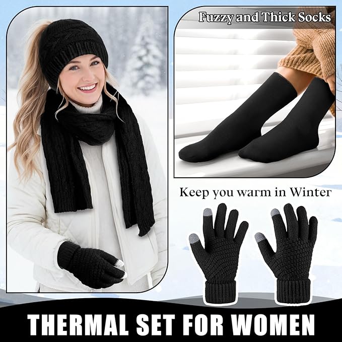 Geyoga 6 Pcs Women Winter Beanie Hat Scarf Gloves Ear Muffs Fuzzy Socks Set, Touchscreen Gloves for Thermal Gift Cold Weather