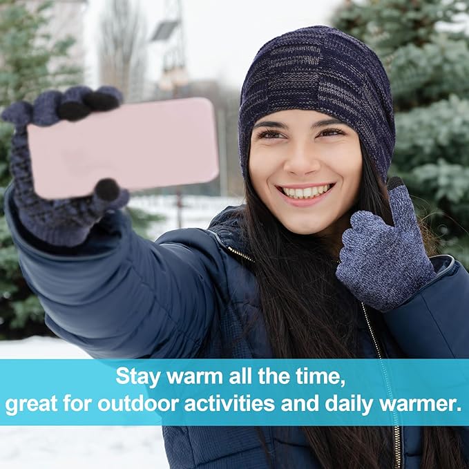 Winter Fleece Lined Beanie Hat Scarf Sock Touchscreen Gloves Set for Men Women