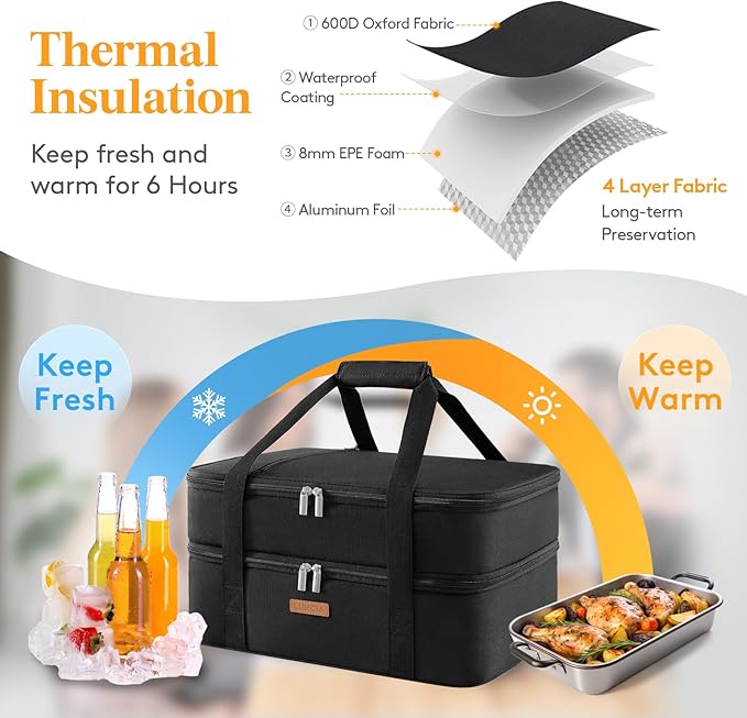 LUNCIA Insulated Double Decker Casserole Carrier, Lasagna Lugger Tote Keeps Food Hot or Cold, Thermal Lunch Bag for Potluck Parties, Picnic and Cookouts, Fits 9" x 13" Baking Dish, Black