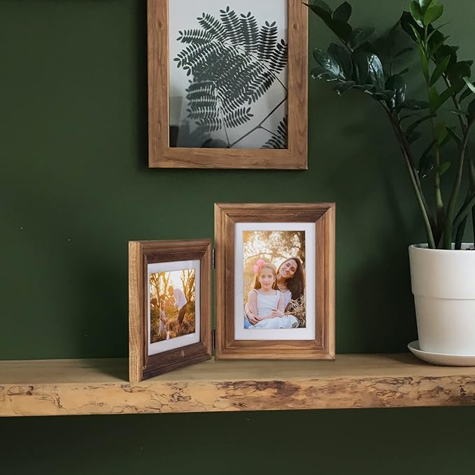 4x6 Double Hinged Picture Frame Folding Photo Frame Vertical and Horizontal in Distressed Farmhouse Wood Grain Pine Wood with Real Glass for Tabletop X2-MU-SH46