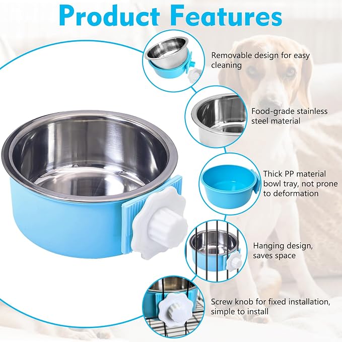kathson Crate Dog Bowl, Removable Stainless Steel Hanging Pet Cage Bowl Food & Water Feeder Coop Cup for Cat, Puppy, Birds, Rats, Guinea Pigs (2 PCS, Size: M, Blue and Pink)