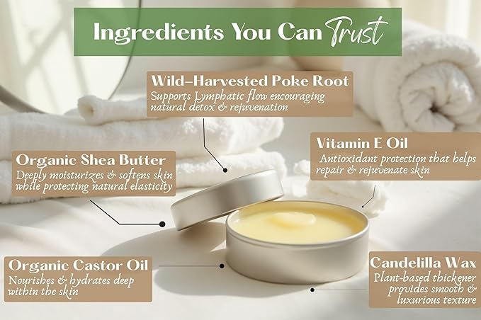 Poke Root & Castor Oil Salve - Cysts, Boils, Fibroids, Swollen Lymph Nodes, Breast & Joint - Vegan Lymphatic Support Massage Balm - Natural Deep Tissue Relief Ointment - Handmade in The USA
